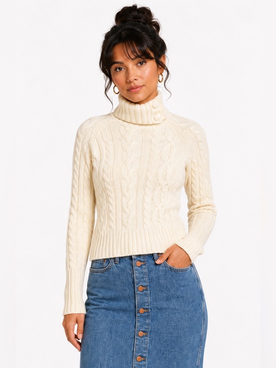 Sutton Cashmere Sweaters - 100%‎ Cashmere Chunky Aran Cable Knit Mock Neck Turtleneck Sweater Small Ivory